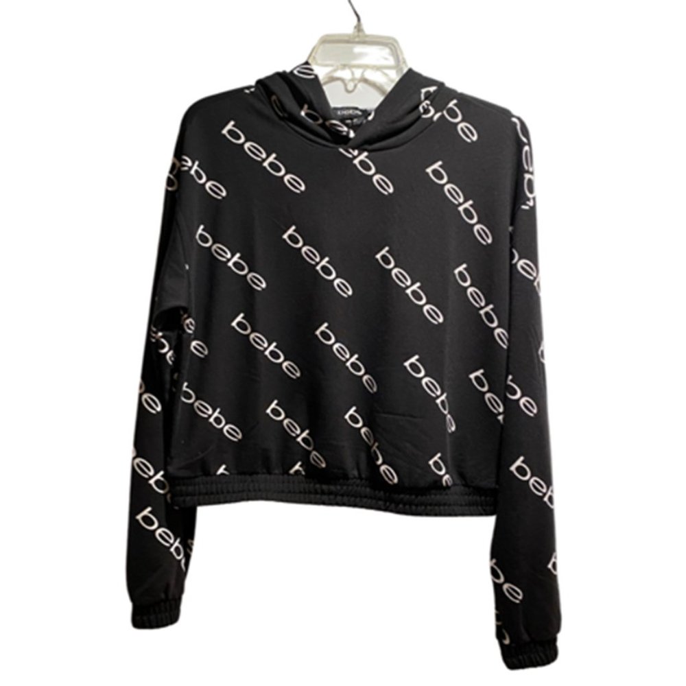 bebe Print Hoodie | Cropped | Black | Size Large